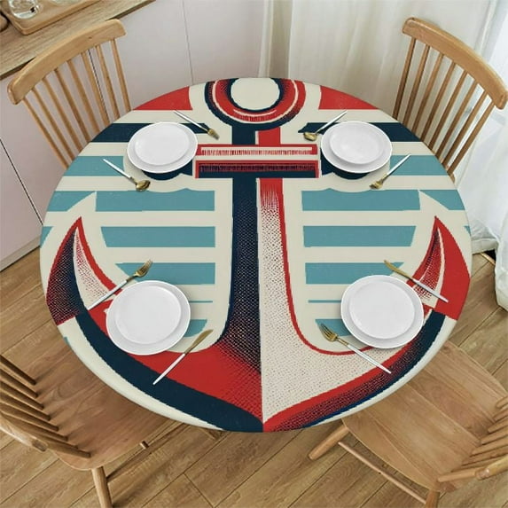 GOSMITH Picnic Dining Kitchen Farmhouse Nautical Anchor Navy Blue Stripes with Red Ocean Sea Sailing Coastal Beach Round Tablecloth White