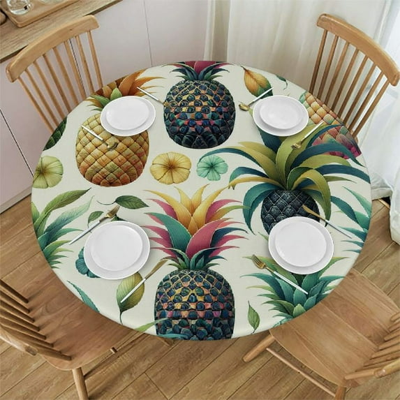 GOSMITH Picnic Dining Kitchen Farmhouse Round Tablecloth Colorful Pineapple Leaves Summer Tropical Fruit Cover Printed White