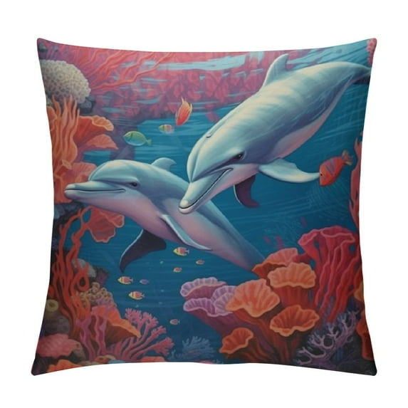 GOSMITH Pillow Covers Two Dolphins Swimming with Coral and Coral Decorations Pillow Covers Blue Sea World Coral Dolphin Cute Throw Pillows for Living Room Bedroom