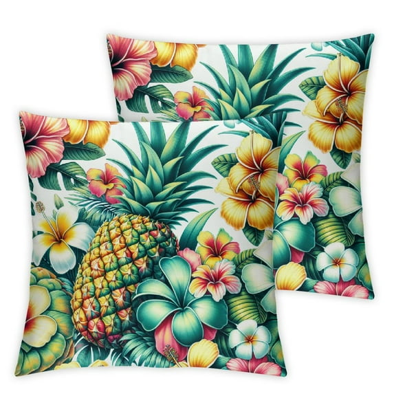 GOSMITH Pineapples Palm Leaves and Flowers Short Plush Pillowcase Set - 2 Pack White