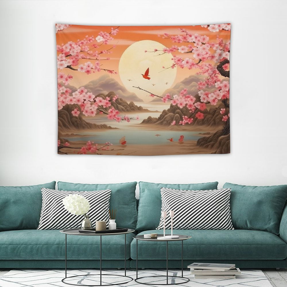 GOSMITH Pink Cherry Blossom Tapestry Abstract Mountain Wall Hanging