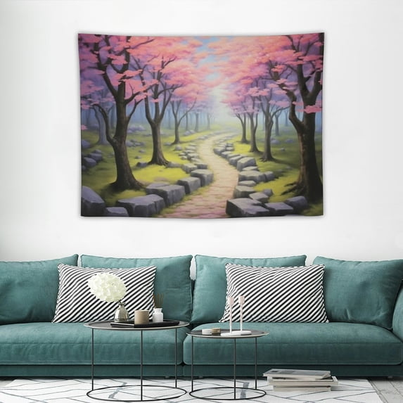 GOSMITH Pink Cherry Blossom Tree Tapestry Home Decor Forest Path Natural Floral Landscape Tapestry Wall Hanging Decor for Room