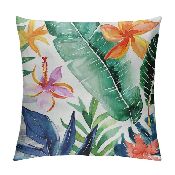 GOSMITH  Plant Throw Pillow Cushion Cover, Bird of Paradise Palm Leaf and Assorted Exotic Flowers Watercolor, Decorative Square Accent Pillow Case White