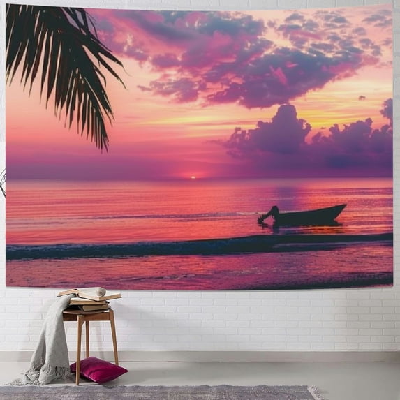 GOSMITH Purple Tapestry For Bedroom Purple Sunset On The Beach Palm Leaves Tapestries Wall Art Decoration Wall Hanging For Living Dorm Room Bedroom Painting