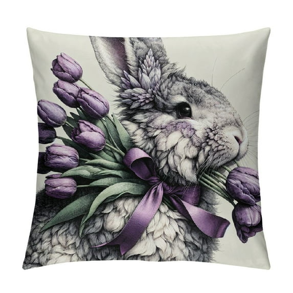 GOSMITH Purple Tulips Rabbit Easter Pillow Covers Buuny Eggs Easter Decorations Flowers Spring Farmhouse Throw Cushion Case for Home Sofa Couch