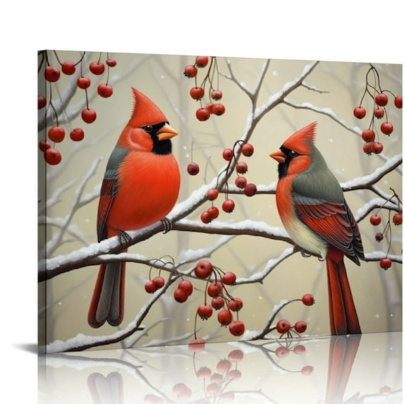 GOSMITH Red Birds Canvas Wall Art Cardinal on Snowy Branch Pictures Prints Winter Christmas Wall Decor 12x16/16x20in Framed