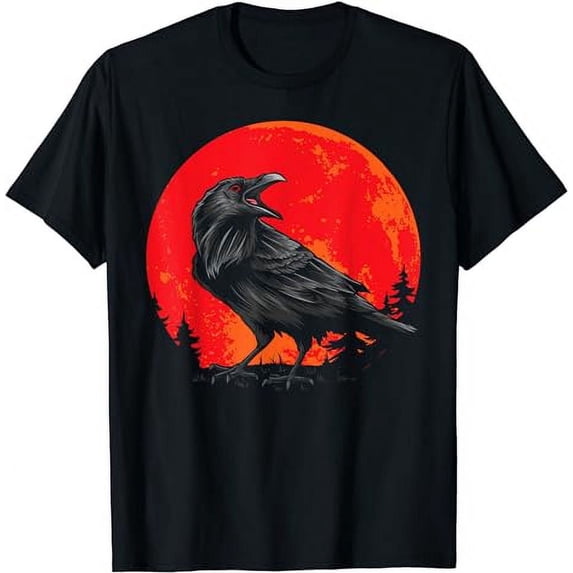 GOSMITH Red Moon Black Crow Gothic Animal Bird Spooky Forest Raven T-Shirt black
