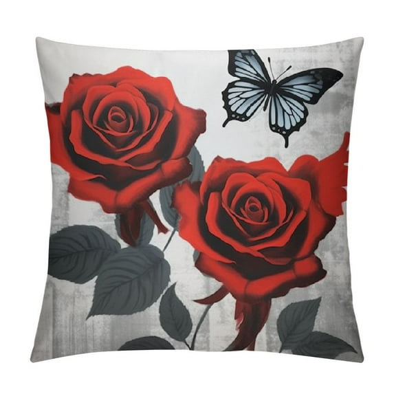 GOSMITH Red Rose Throw Pillow Covers Navy Blue Ombre Pillow Covers for Adult Room Decor,Vintage Watercolor Artwork Cushion Cases,Oil Painting Butterfly Floral Decorative Square Pillow Cases