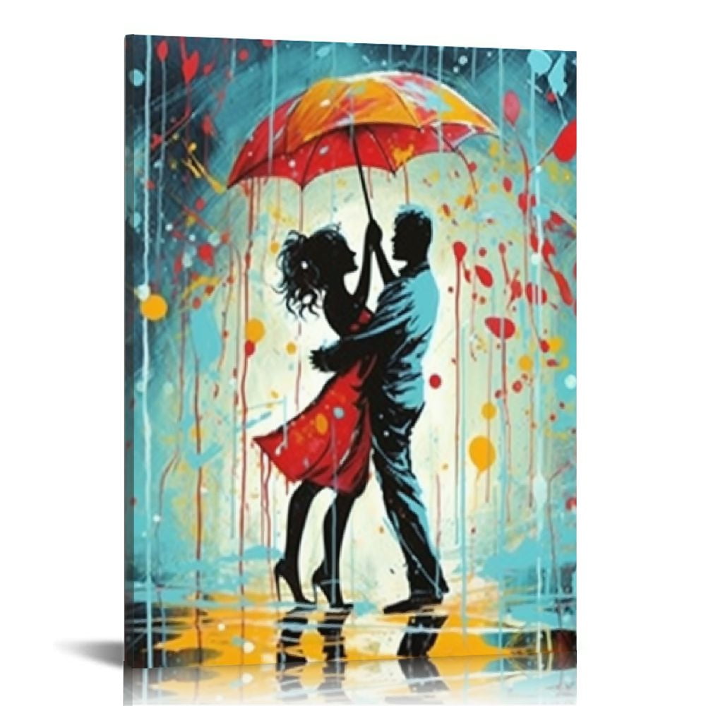 GOSMITH Red Umbrella Wall Art Couple Dancing in Rain Canvas Painting