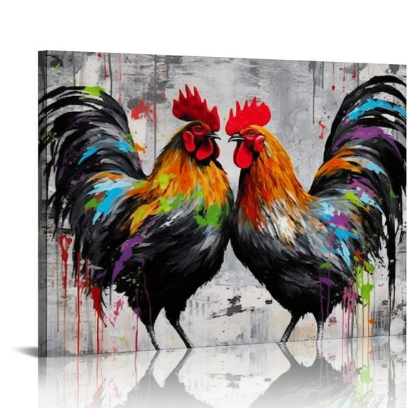 GOSMITH Rooster Wall Decor Farmhouse Wall Art Vintage Wood Framed Canvas Artwork Farmhouse Animal Painting Chicken Pictures Poster for Kitchen Decor Easy Hanging 20x16in/16x12in Framed