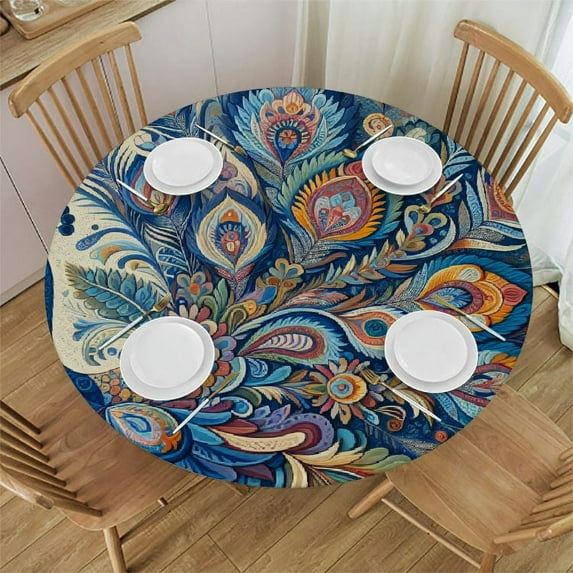 GOSMITH Round Tablecloth for Picnic Dining Kitchen Farmhouse Hair and Skin Peacocks and Flowers Super White