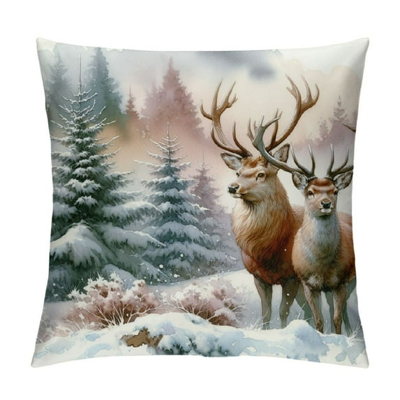 GOSMITH Rustic Deer Pillow Covers Holiday Winter Throw Pillow Covers Nature Forest Snow Christmas Tree Decorative Pillowcase Square Cushion Cover for Home Couch Sofa Bedding Decor