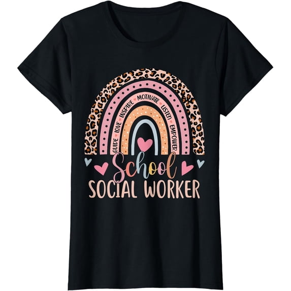 GOSMITH School Social Worker Rainbow Leopard Print Funny Social Work T-Shirt 152022-black
