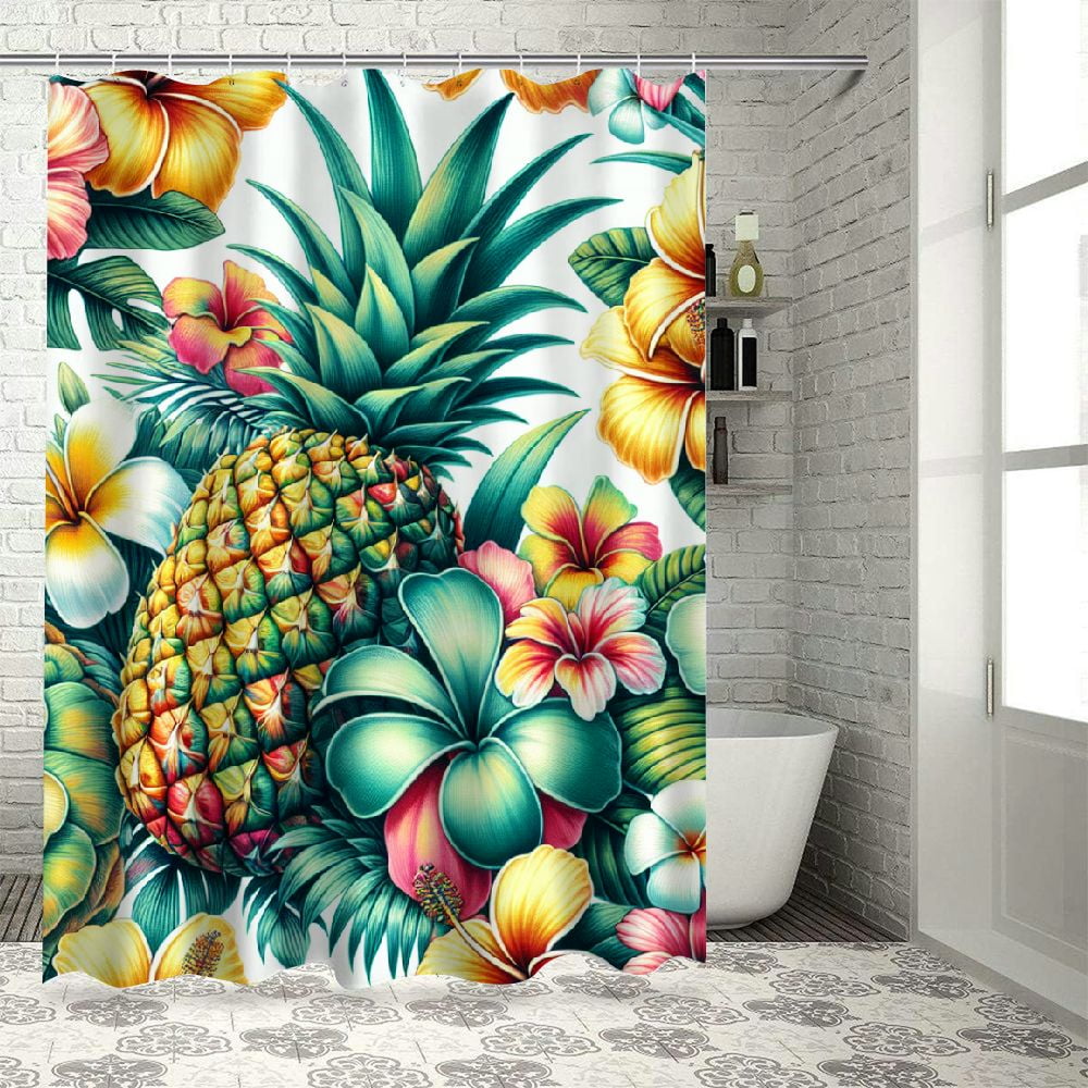 GOSMITH Shower Curtain Pineapples Palm Leaves and Flowers, Waterproof
