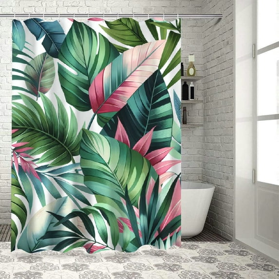 GOSMITH Shower Curtain Watercolor Green Leaves Tropical Palm Leaf Summer Style White