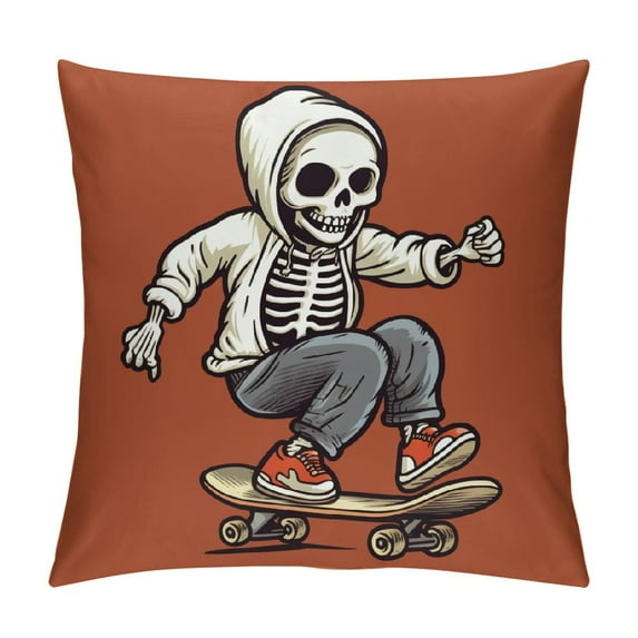 GOSMITH Skull Throw Pillow Cushion Cover, Punk Rocker Skeleton Boy on a Skateboard Skiing Abstract Background, Decorative Square Accent Pillow Case, Pale Grey and Cream