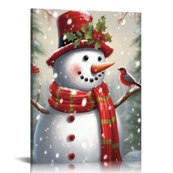 Leisuo Snowman Pictures Decor Wall Art Holly Christmas Tree Winter Poster Canvas Print for Bathroom Kids New Year Gift 12x16/16x20in Framed