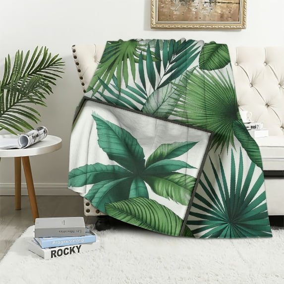 GOSMITH Soft Plush Blankets Tropical Palm Leaves Summer Green Banana Leaf Flannel Blanket White