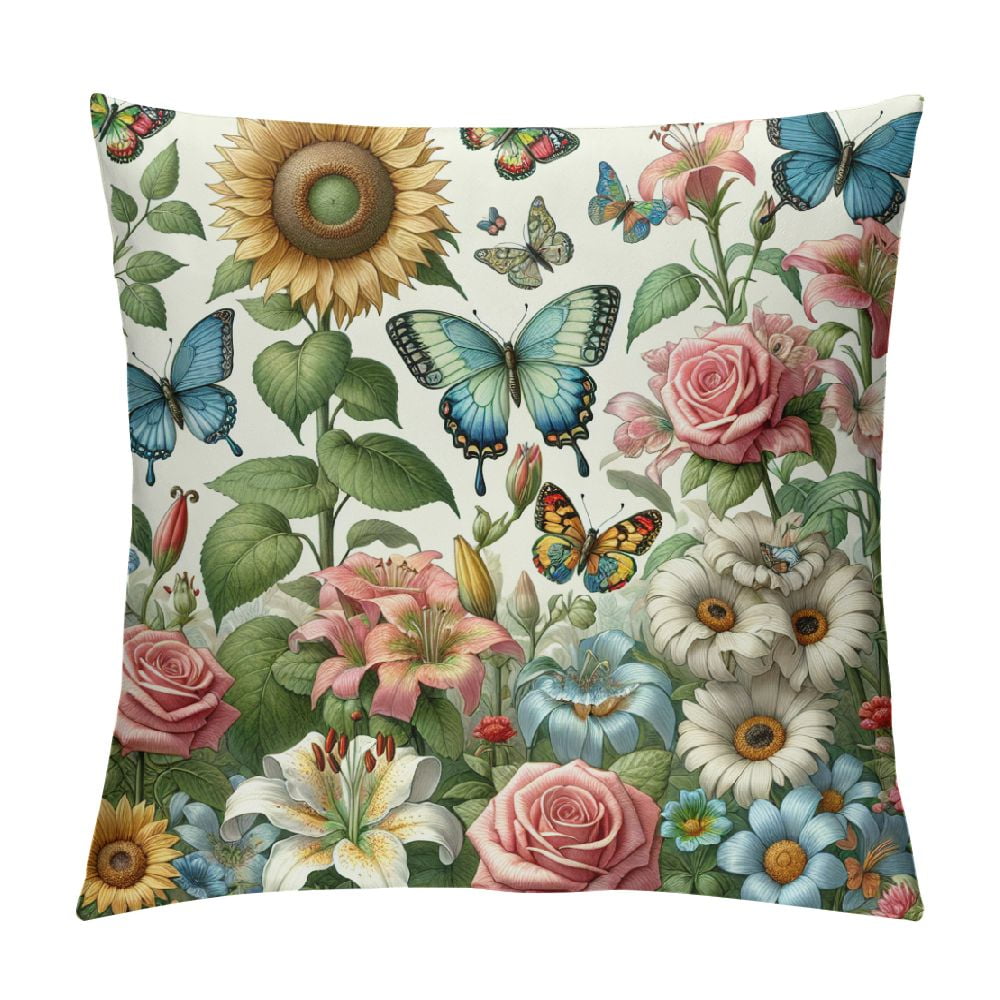 GOSMITH Spring Flower Pillow Covers Butterfly Tulip Decorative Throw Pillow Covers Cushion Cover