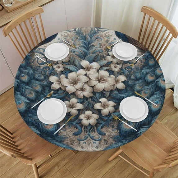 GOSMITH Square Beautiful Elegant Blue Peacocks Decorative Waterproof Tablecloth for Round Tables White