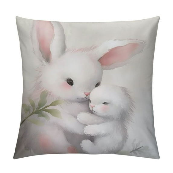 GOSMITH Square Pillow Cover Cute Cartoon Grey Baby and Mother Bunnies with White Flower and Leaf Watercolor Throw Cushion Covers for Couch Chair Bedroom