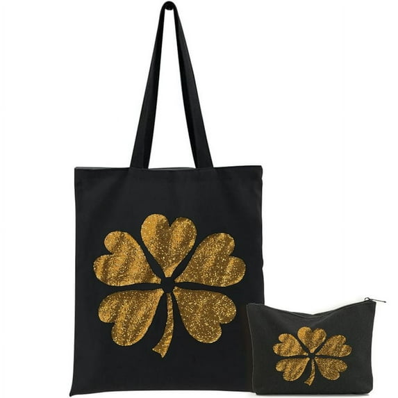 GOSMITH St. Patrick's Day Lucky Charm Gold Irish Clover Shamrock 2 Pcs Canvas Tote Bags Cute Aesthetic Tote Bags with Zipper Packing Books Black
