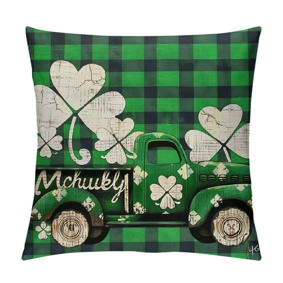 GOSMITH St Patricks Day Pillow Covers Buffalo Check Gnomes Truck Throw Pillow Covers Four Leaf Lucky Clover Striped Cushion Case Irish Square Pillowcase for Outdoor Farmhouse Sofa Couch