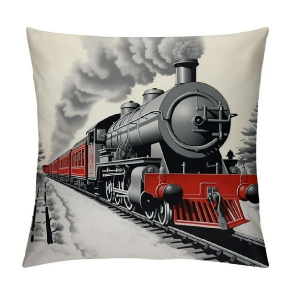 GOSMITH Steam Engine Throw Pillow Cushion Cover, Locomotive Red Black Train on Steel Railway Track Travel Adventure Graphic Print, Decorative Square Accent Pillow Case,Red Grey