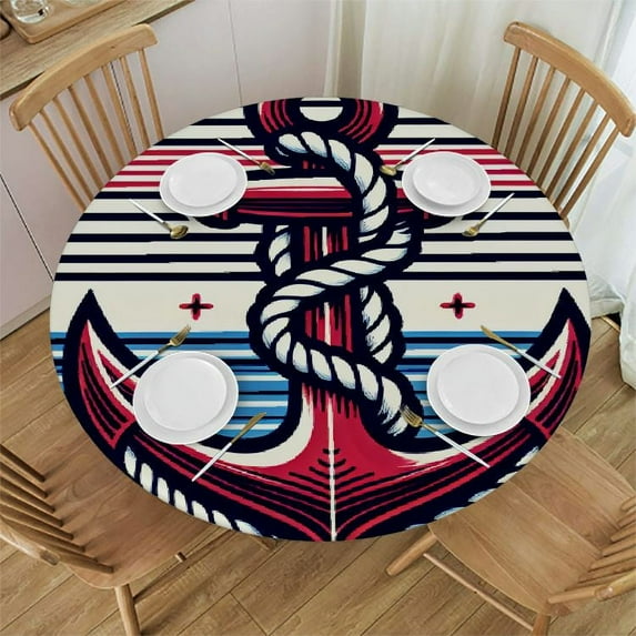 GOSMITH Summer Coastal Nautical Theme Red Anchor Sailboat Compass Waves Decorative Tablecloths Round Table Cover White