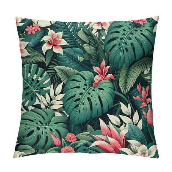 GOSMITH Summer Tropical Leaves Pillow Covers, Monstera Palm Leaf Flower Pillow Cushion Cases, Green Plant Hawaiian Pink Red Floral Throw Pillows Cover Decor Gifts for Bed Couch Sofa Living Room