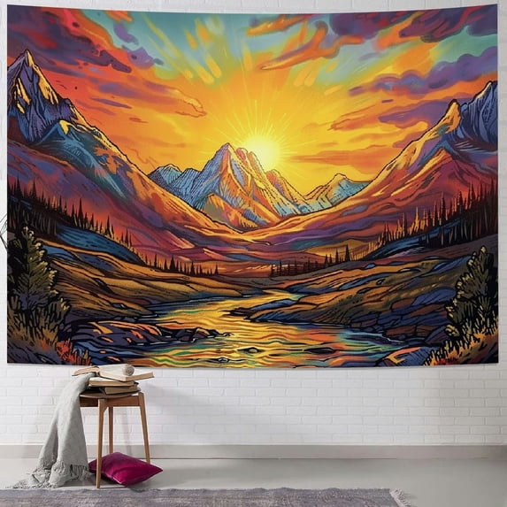 GOSMITH Sun Mountain Tapestry Trippy Forest Tree Tapestry Vintage Aesthetic Plant Tapestry Magic River Wall Tapestry Nature Landscape Tapestry Wall Hanging for Bedroom Painting