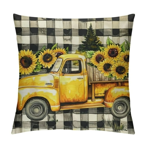 GOSMITH Sunflower Pillow Cover Spring Summer Floral Truck Decorative Throw Pillow Case Buffalo Plaids Flower Home Sweet Home Cushion Cover for Home Office Farmhouse Sofa Decor