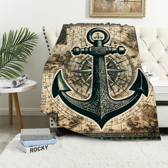 GOSMITH Super Soft Vintage Map with Nautical Anchor Decorative Flannel Fleece Blanket White