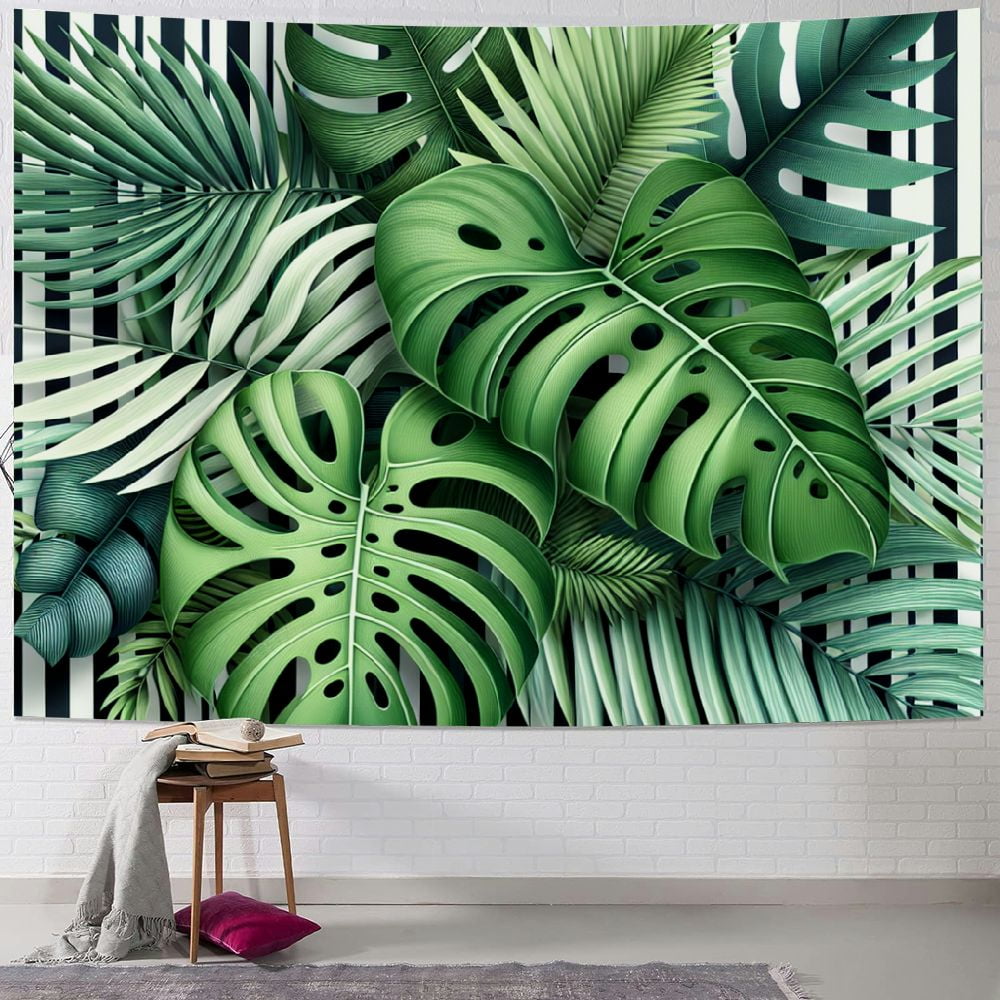 gosmith-tapestry-green-tropical-leaves-black-and-white-geometric