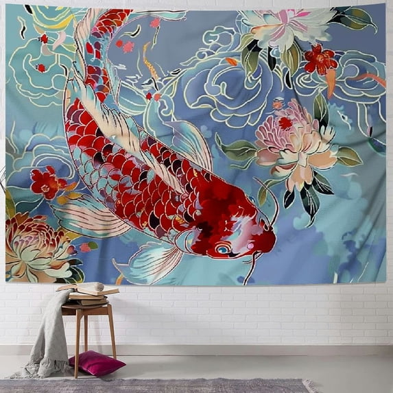GOSMITH Tapestry Page Beautiful Colorful Koi Carp Water Peony Flower Traditional Japanese Tattoo Fish Beauty Nature Beach Tapestry Funny Tapestry for Living Room Bedroom Painting