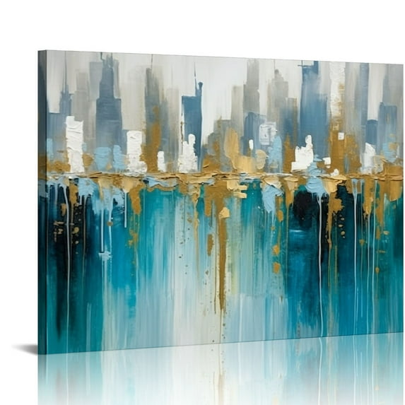 GOSMITH Teal Abstract Cityscape Canvas Wall Art Modern Skyline Gold Painting Blue Grey Textured Large Size 20x16in Turquoise Artwork Framed for Living Room Bedroom Bathroom Home