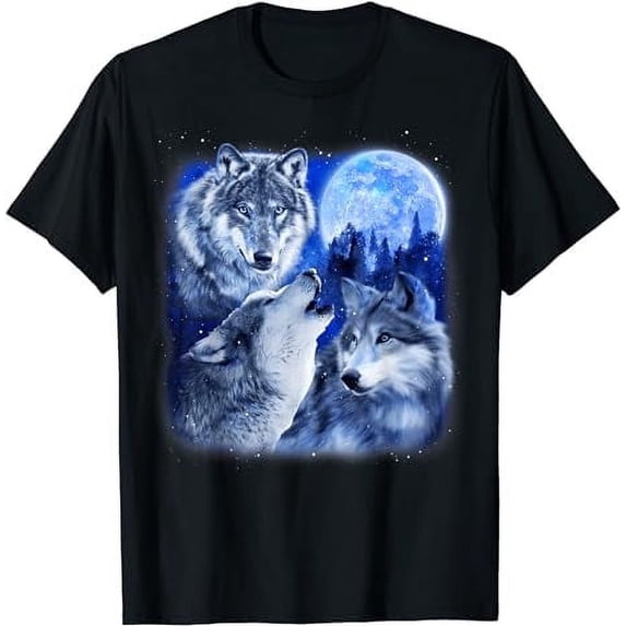 GOSMITH Three Wolves 3 Grey Wolf Howling At The Moon T-Shirt black