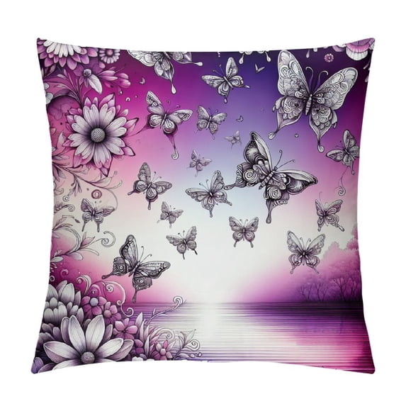 Leisuo Throw Pillow Cover Butterfly Purple Animal Flower Wings Water White Decorative Pillow Case Home Decor Square Pillowcase