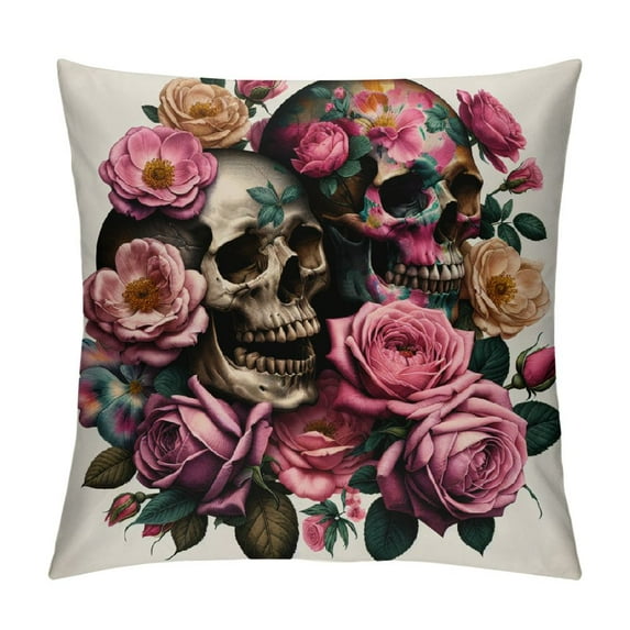 Leisuo Throw Pillow Cover Flower Skull Day of Dead Vintage Rose Peony Halloween Design Pattern Gothic Decor Lumbar Pillow Case Cushion for Sofa Couch Bed Standard Queen