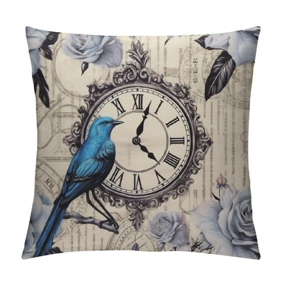 GOSMITH Throw Pillow Cover Watercolor Pattern Flowers Bird Feathers Black Crow Blue Rose Keys Clock Decorative Pillow Case Cushion Cover Pillowcase