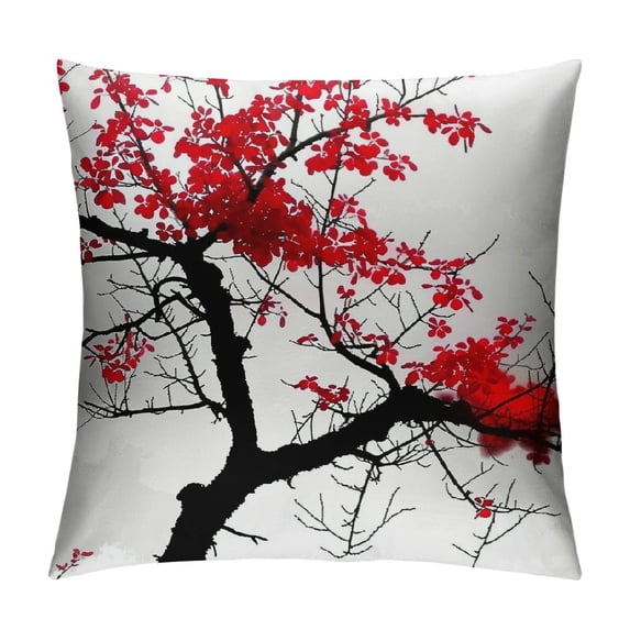 GOSMITH Throw Pillow Covers Cherry Blossom Flower Red Square Pillowcase for Home Decor Sofa Car Bedroom Pillow White