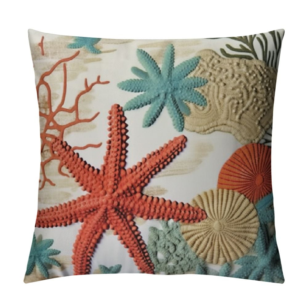 18x18 Inch Ocean Theme Throw Pillow Cover - Vintage Seashell Cotton Linen Square Cover For Sofa, Bed, Porch
