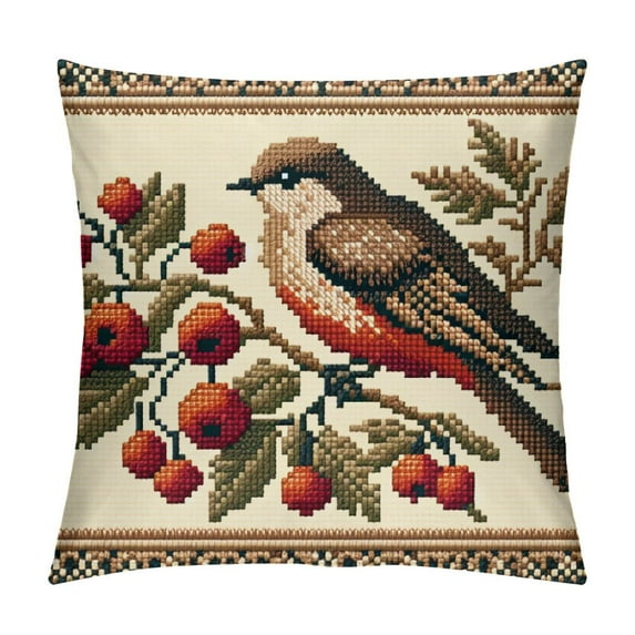 GOSMITH Throw Pillow Covers Home Decorative Cushion Colorful Spring Animal Retro Flying Red Bird with Flowers Pillow Cases Square Pillocases for Outdoor Bed Sofa