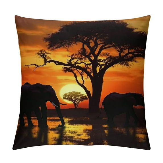 GOSMITH Throw Pillows Covers Black Silhouette Elephants African Wild Animal Herd in The Sunset Home Decorative,Cushion Cover for Bedroom Sofa Living Room