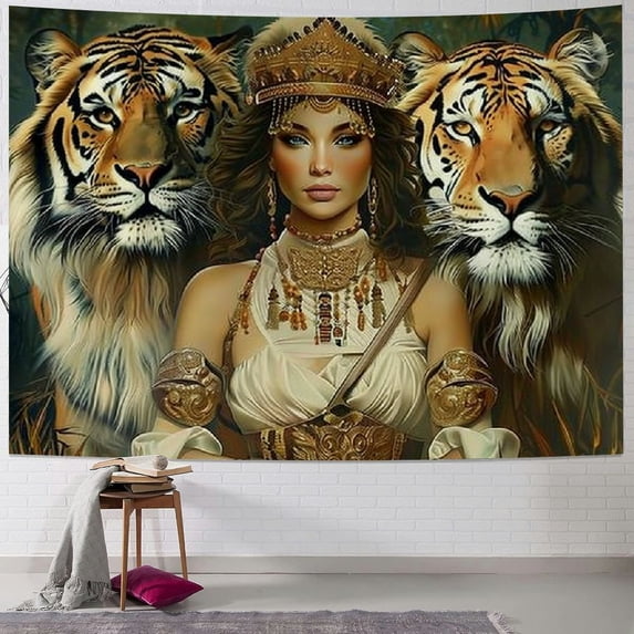 GOSMITH Tiger Lion Girl Tapestry African Animal Tapestry Wall Hanging, Tiger Lion Vintage Ethnic Tribe Tapestry, Safari Man Tapestry Wall Hanging Bedroom Life Painting