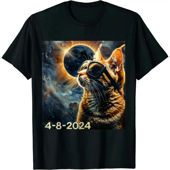 GOSMITH Total Solar Eclipse 2024 Cat Wearing Solar Eclipse Glasses T-Shirt