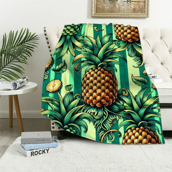 GOSMITH Triped Pineapple Slices Decorative Square Flannel Blanket Super Soft White