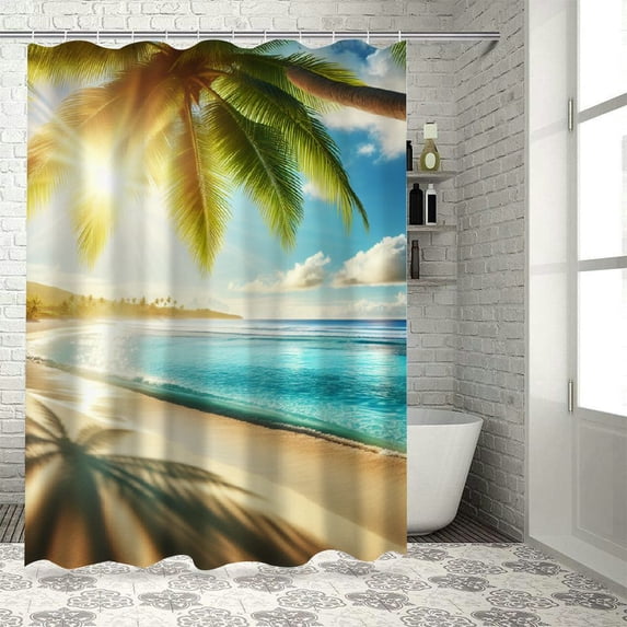 GOSMITH Tropical Beach Palm Tree Leaves Sandy Caribbean Coastline Ocean Sea Waves Scene Decor Shower Curtain for Bathroom White