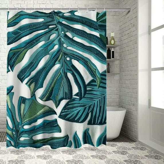 GOSMITH Tropical Leaf Palm Pattern Comfy Decorative Shower Curtain - Multiple Sizes White
