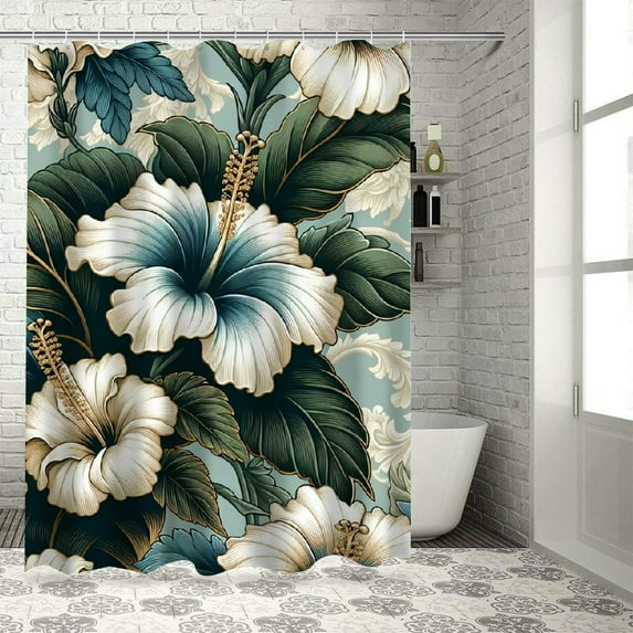 GOSMITH Tropical Leaf and Flower Watercolor Summer Hawaii Palm Tree Leaf and Tropical Flower Shower Curtain for Bathroom White